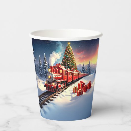 Rote Zug-Weihnachtsbaum-Feiertags-Papierbecher Pappbecher (Rückseite)