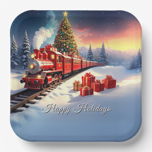 Rote Zug-Weihnachtsbaum-Feiertags-Papierplatte Pappteller (Vorderseite)