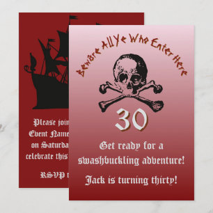 Roter 30. Geburtstag Totenkopf und Piratenschiff Einladung