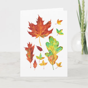 Roter Ahorn und goldene Eichenblätter Herbst-Aquar Karte