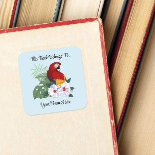 Roter Ara Papagei Tropischer Weißer Hibiskus Blume Quadratischer Aufkleber