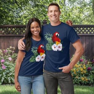 Roter Ara Papagei Tropischer Weißer Hibiskus Blume T-Shirt
