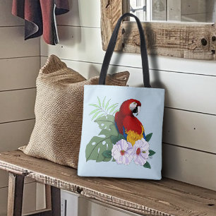 Roter Ara Papagei Tropischer Weißer Hibiskus Blume Tasche