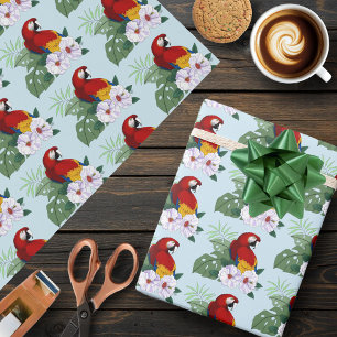 Roter Ara Papagei Tropischer Weißer Hibiskus Flora Geschenkpapier