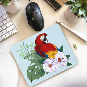 Roter Ara Papagei Tropischer Weißer Hibiskus Flora Mousepad