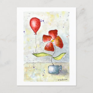 Roter Ballon und Blumen Wasserfarben Postkarte