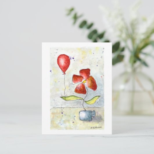 Roter Ballon und Blumen Wasserfarben Postkarte (Stehend Vorderseite)