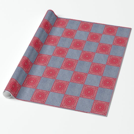 Roter Bandana-und Denim-Druck Geschenkpapier (Ungerollt)