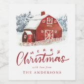 Roter Barn mit Wasserfarbe Winterlandschaft Urlaub Weinetikett (Einzelnes Label)