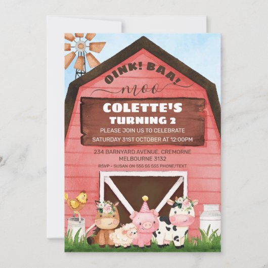 Roter Barn Oink Baa Moo Landtiere Geburtstag Einladung (Vorderseite)