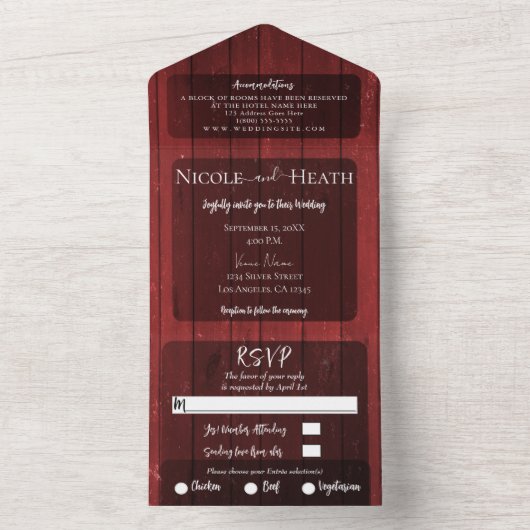 Roter Barnholz Rustikale Hochzeit All In One Einladung (Innen Boden)