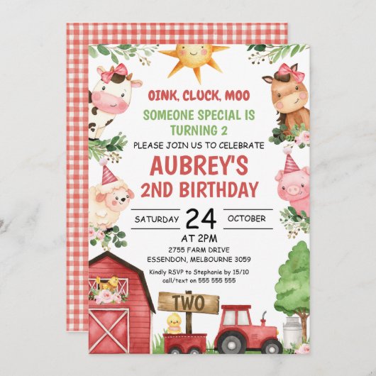 Roter Barntracker Tiere Einladung zum Geburtstag (Vorne/Hinten)