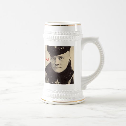 Roter Baron Portrait Mug, Gang-Logorückseite w Bierglas (Rechts)