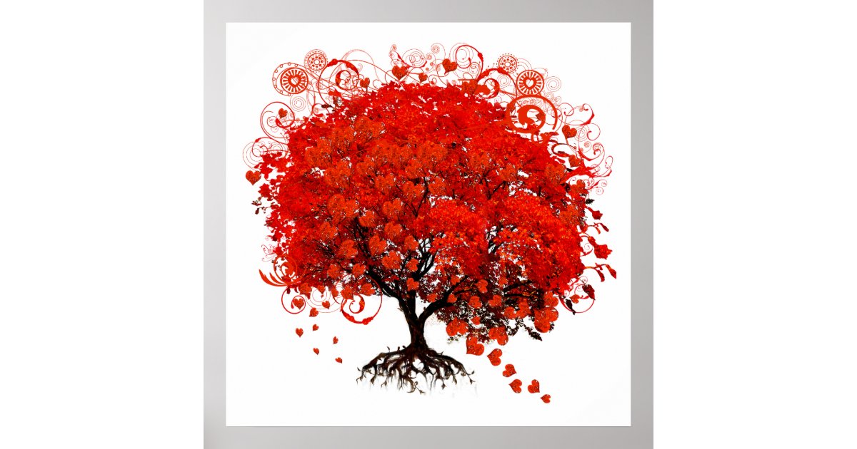 Roter Baum mit dem HerzBlätterFallen Poster Zazzle
