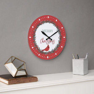 Roter Beerenkranz und Roter Kardinal Weihnachten  Große Wanduhr