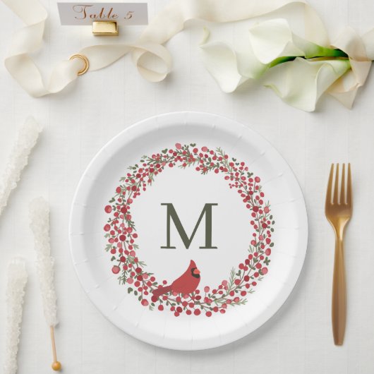 Roter Beerenkranz und rotes Kardinalmonogramm Pappteller (Hochzeit)