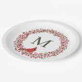 Roter Beerenkranz und rotes Kardinalmonogramm Pappteller (Schrägansicht)