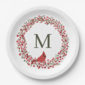 Roter Beerenkranz und rotes Kardinalmonogramm Pappteller (Vorderseite)
