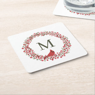Roter Beerenkranz und rotes Kardinalmonogramm Rechteckiger Pappuntersetzer