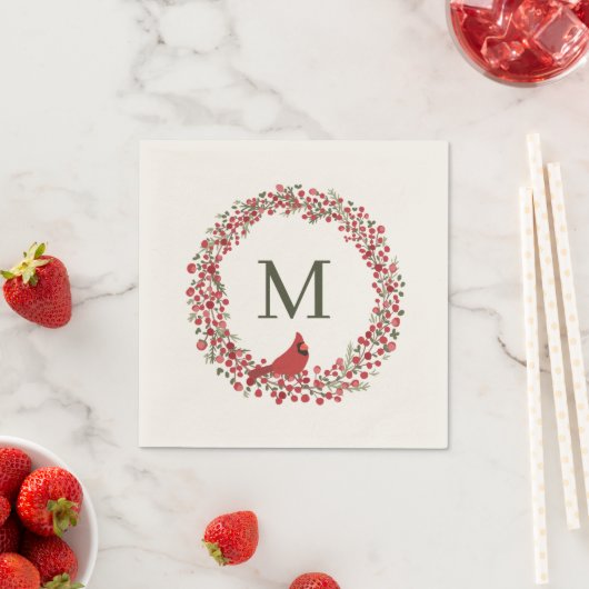 Roter Beerenkranz und rotes Kardinalmonogramm  Serviette (Beispiel)