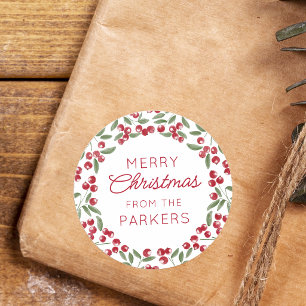 Roter Beerenzweig Rahmen Frohe Weihnachten Runder Aufkleber