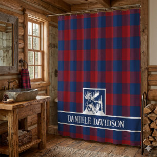 Roter Blau Büffel Karo Rustikal Elch Monogramm Duschvorhang