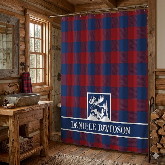 Roter Blau Büffel Karo Rustikal Elch Monogramm Duschvorhang