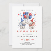 Roter blauer Elefant 1. Geburtstag Einladung (Vorderseite)