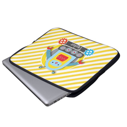 Roter, Blauer und Gelber Roboter; weiße Streifen Laptopschutzhülle (Vorne Knopf)