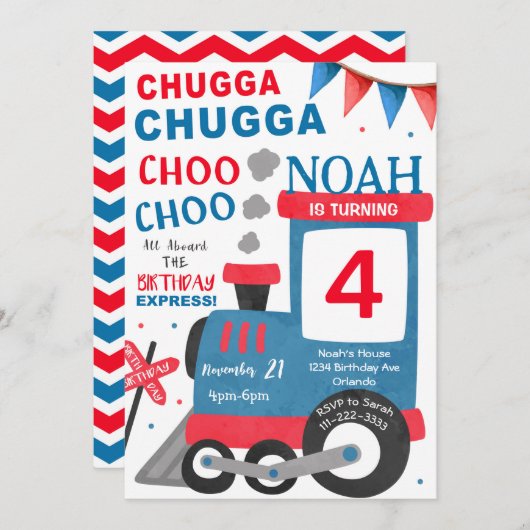 Roter blauer Zug - Einladung zum Geburtstag (Vorne/Hinten)