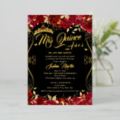 Roter Blumengarten Scroll Mis Quince Quinceanera Folieneinladung (Stehend vorne)