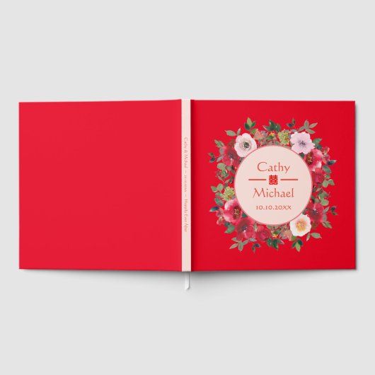 Roter Blumenkranz Chinesische HochzeitsTeezeremoni Gästebuch (Voll)