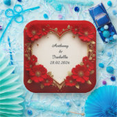 Roter Blumenrahmen in Herzform mit Glitzer Pappteller (Party)