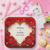 Roter Blumenrahmen in Herzform mit Glitzer Pappteller (Party)