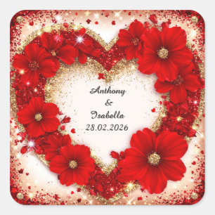 Roter Blumenrahmen in Herzform mit Glitzer Quadratischer Aufkleber