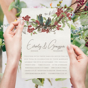 Roter Blumenzweig Vintage Vögel Hochzeitseinladung Einladung