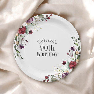 Roter Blush und Lila Elegant Flora 90. Geburtstag Pappteller