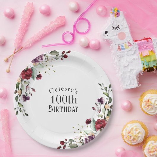 Roter Blush und Lila Elegante Blume 100. Geburtsta Pappteller (Party)