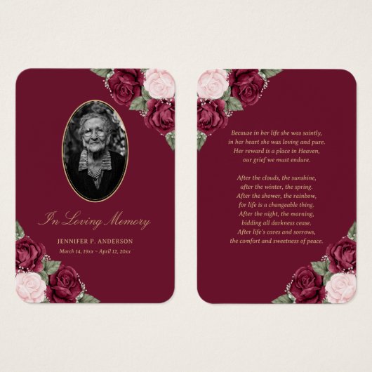 Roter Blütenrosa Beerdigungskarte (Vorne & Hinten)