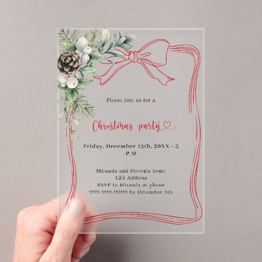 Roter Bogen Kiefer Grün Weihnachten Party mattiert Acryleinladungen (Insitu (Handheld))