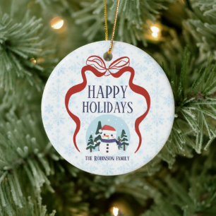 Roter Bogen Schneemann Schneeflocken Familienname  Keramik Ornament