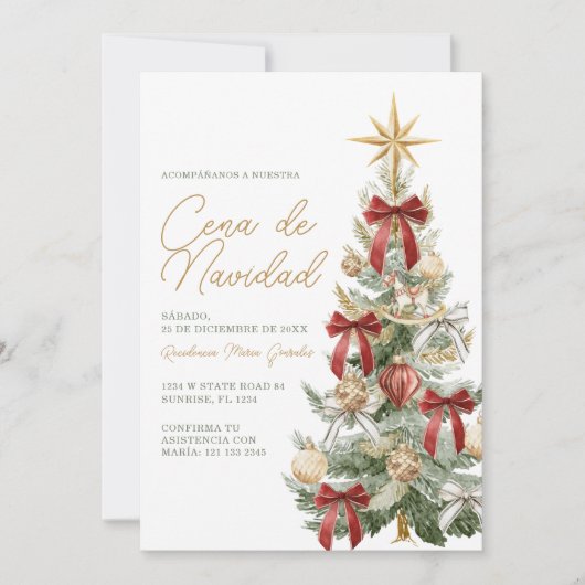 Roter Bogen-Weihnachtsbaum Cena De Navidad Abendes Einladung (Vorderseite)