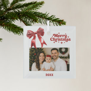 Roter Bogen Weißes Weihnachtsgebäck Foto Ornament Aus Glas