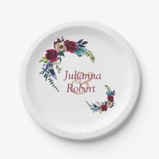 Roter Boho Blumenpapier-Teller Pappteller (Vorderseite)