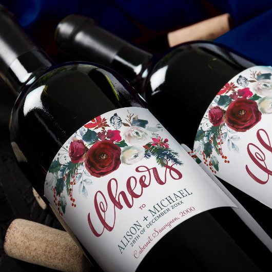 Roter Bordeaux-Blumenstrauß jubelt Hochzeit Weinetikett