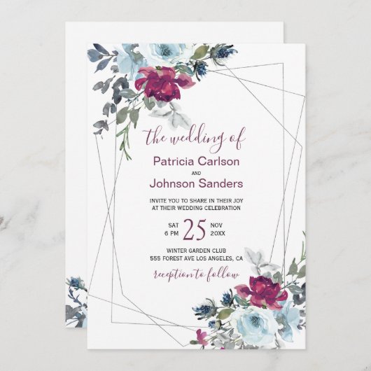 Roter Bordeaux und staubige blaue Winterblumenhoch Einladung (Vorne/Hinten)