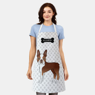 Roter Boston-Terrier-Cartoon-Hund mit Knochen und Schürze