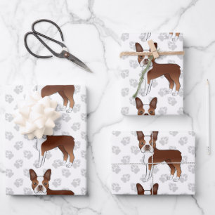 Roter Boston Terrier Cartoon-Hund-Muster & Graue P Geschenkpapier Set