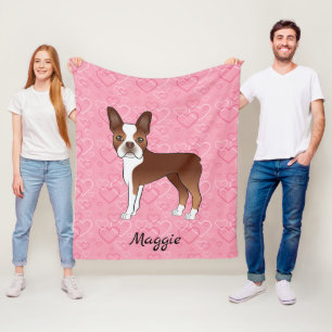 Roter Boston Terrier Hund auf rosa Herzen und Name Fleecedecke