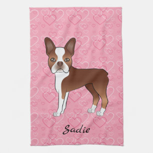 Roter Boston Terrier Hund auf rosa Herzen und Name Geschirrtuch